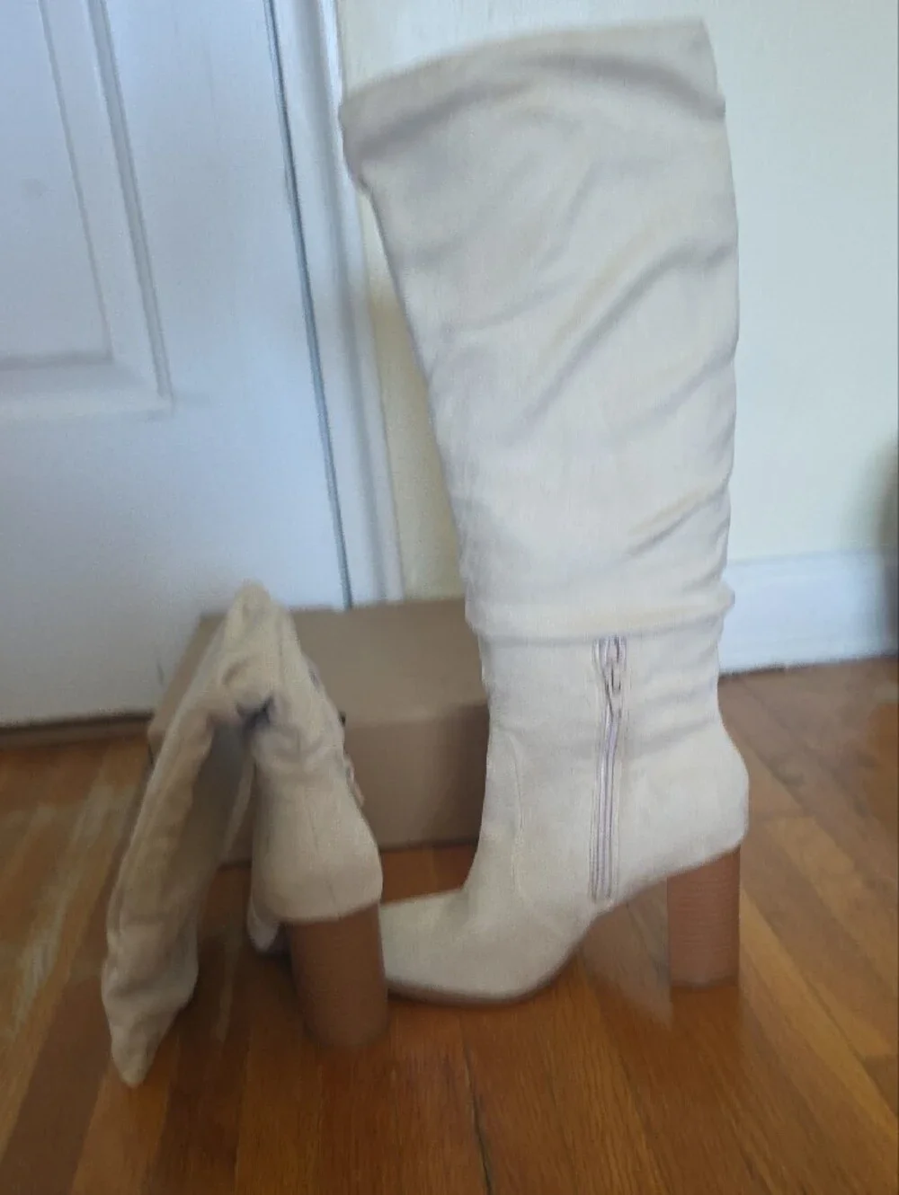 Women's Beige Over-the-Knee Slouch Boots with Block Heel